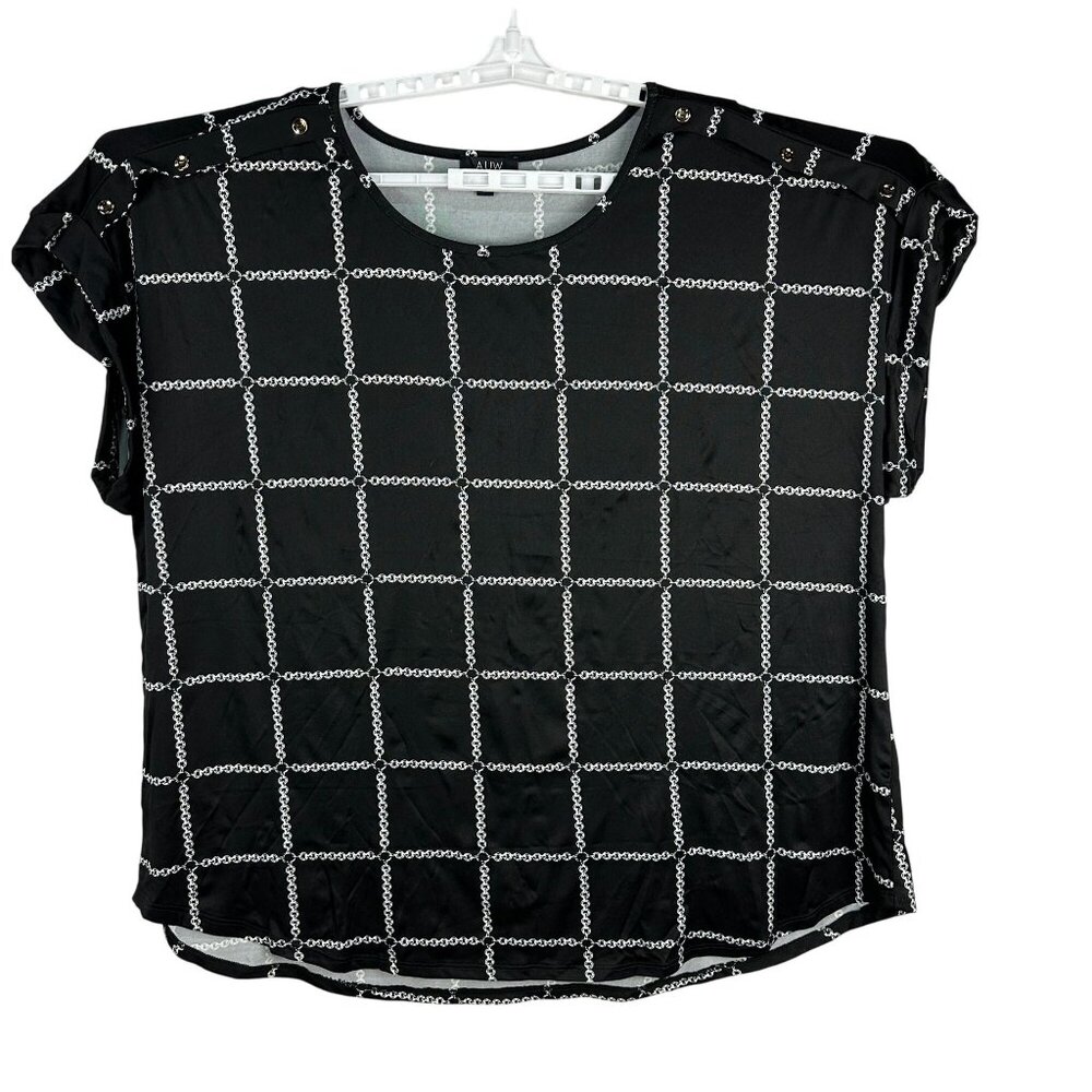 AUW Womens Black & White Checkered Grid Design Top 3X Cap Sleeve